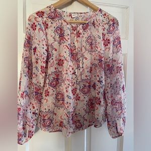 GAP sheer top with red, blue, white and silver print